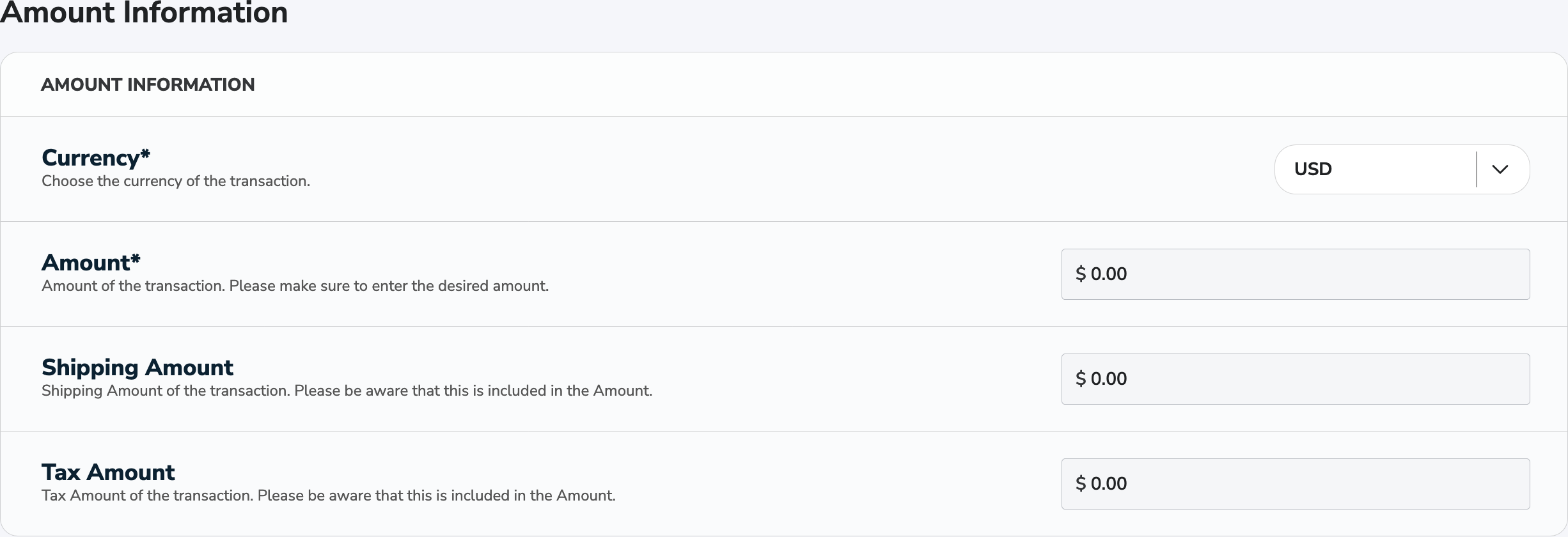 Virtual Terminal Amount Information Tab Virtual Terminal Amount Information Tab