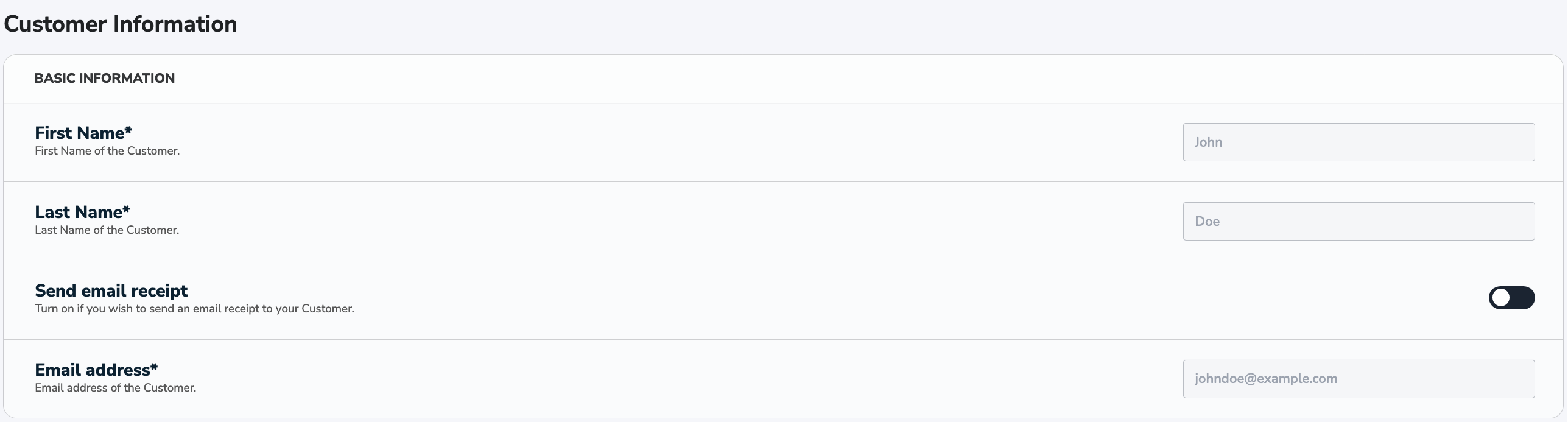 Virtual Terminal Customer Information Tab Basic Information